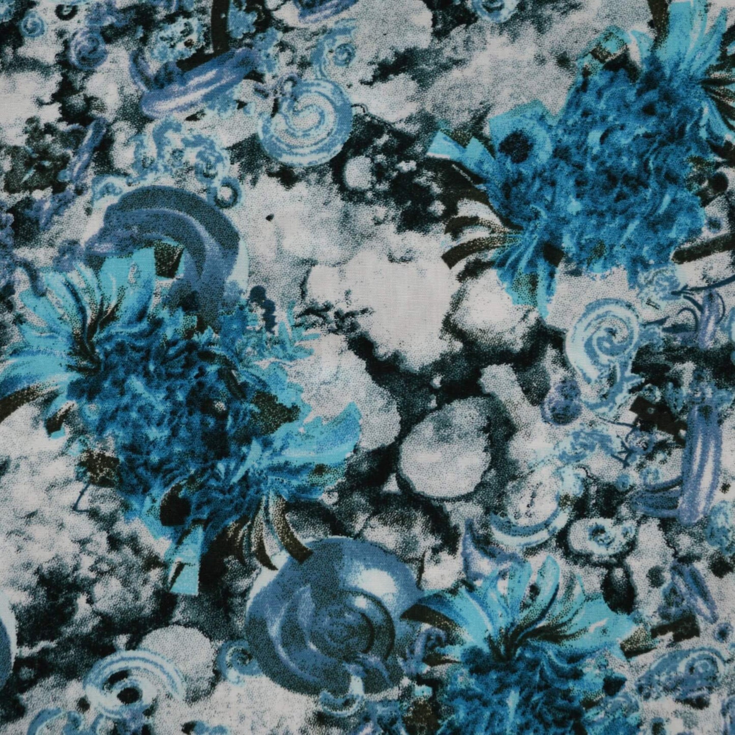 Blue Flowers & Shells 100% Viscose per/metre