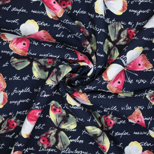 Butterfly Navy 100% Viscose per/metre
