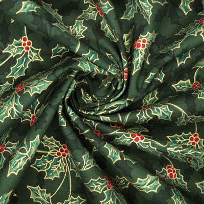 Bottle Green Christmas Holly 100% Cotton 1m