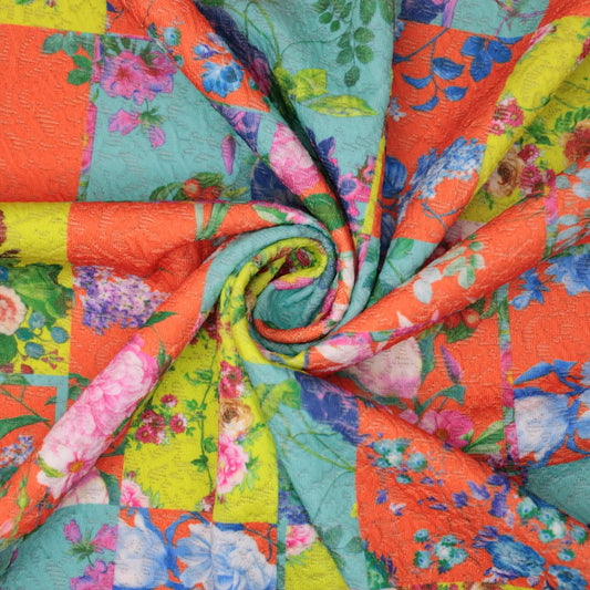 Colourful Block Print Floral Jacquard Knit per/metre