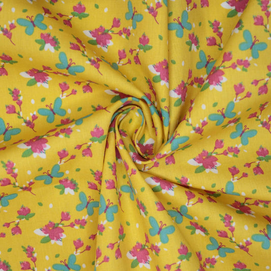 Flower & Butterfly Yellow Cotton 1m