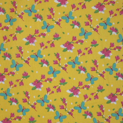 Flower & Butterfly Yellow Cotton 1m