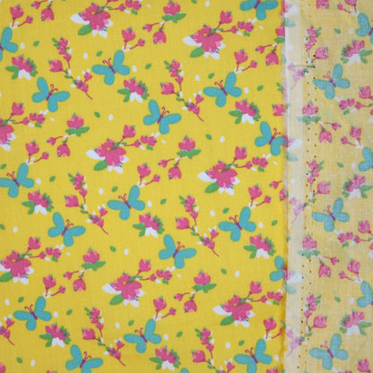 Flower & Butterfly Yellow Cotton 1m