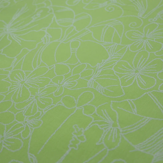 Green and White Stitch Print Floral Jersey per/metre