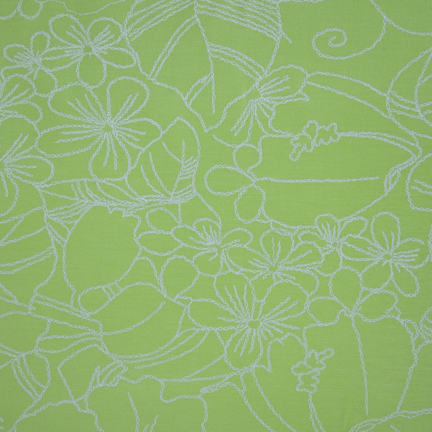 Green and White Stitch Print Floral Jersey per/metre