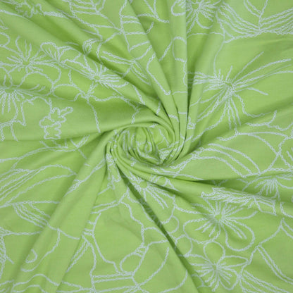 Green and White Stitch Print Floral Jersey per/metre