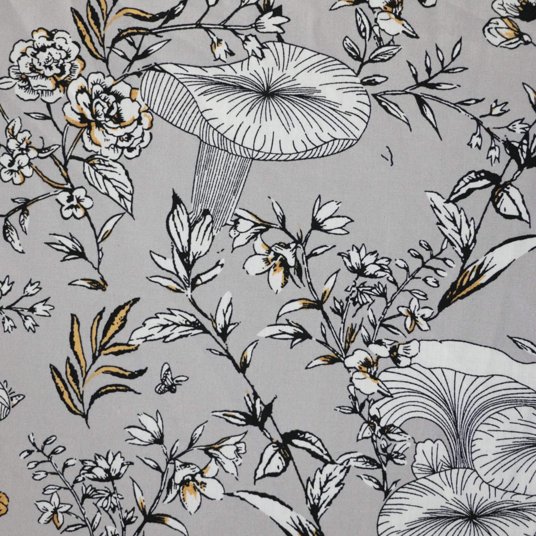 Floral and mushroom pattern on a gray background