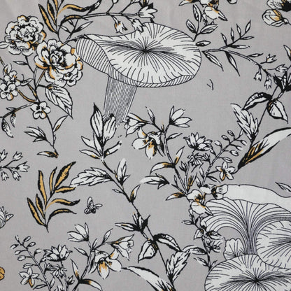 Floral and mushroom pattern on a gray background