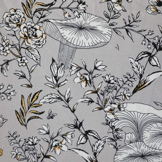 Floral and mushroom pattern on a gray background