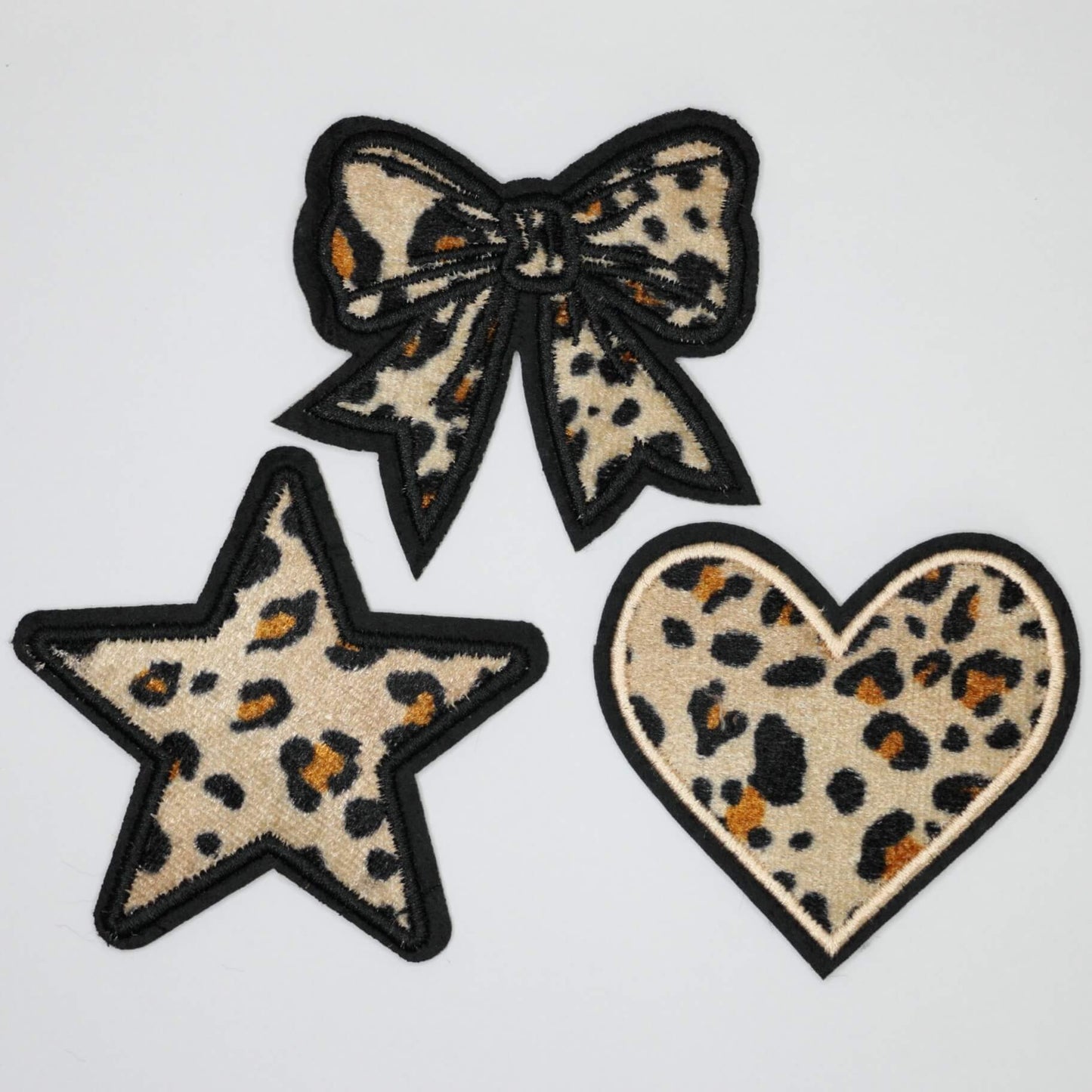 Leopard Print Heart, Star & Bow-Tie Embroidered Iron-On Patches