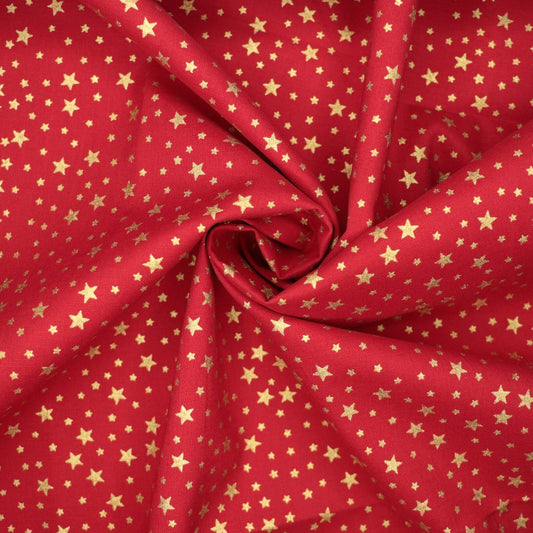 Metallic Small Gold Stars Red 100% Cotton 1m