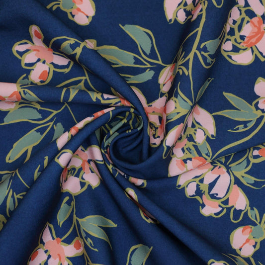 Navy Floral Art Polyviscose per/metre