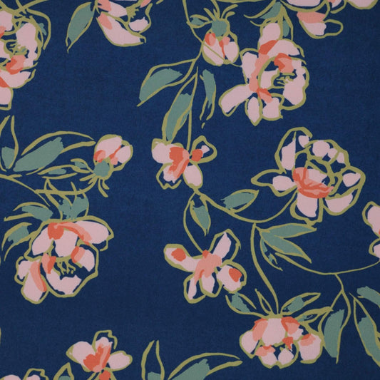 Navy Floral Art Polyviscose per/metre