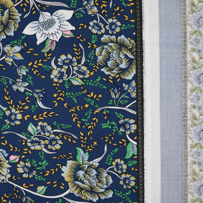 Navy Floral Border Print Viscose per/metre