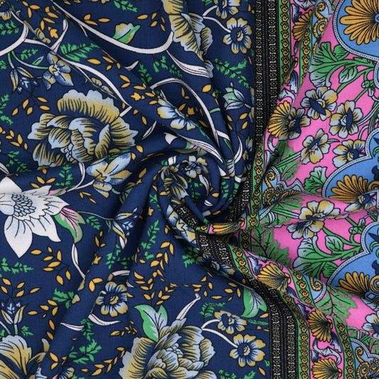 Navy Floral Border Print Viscose per/metre