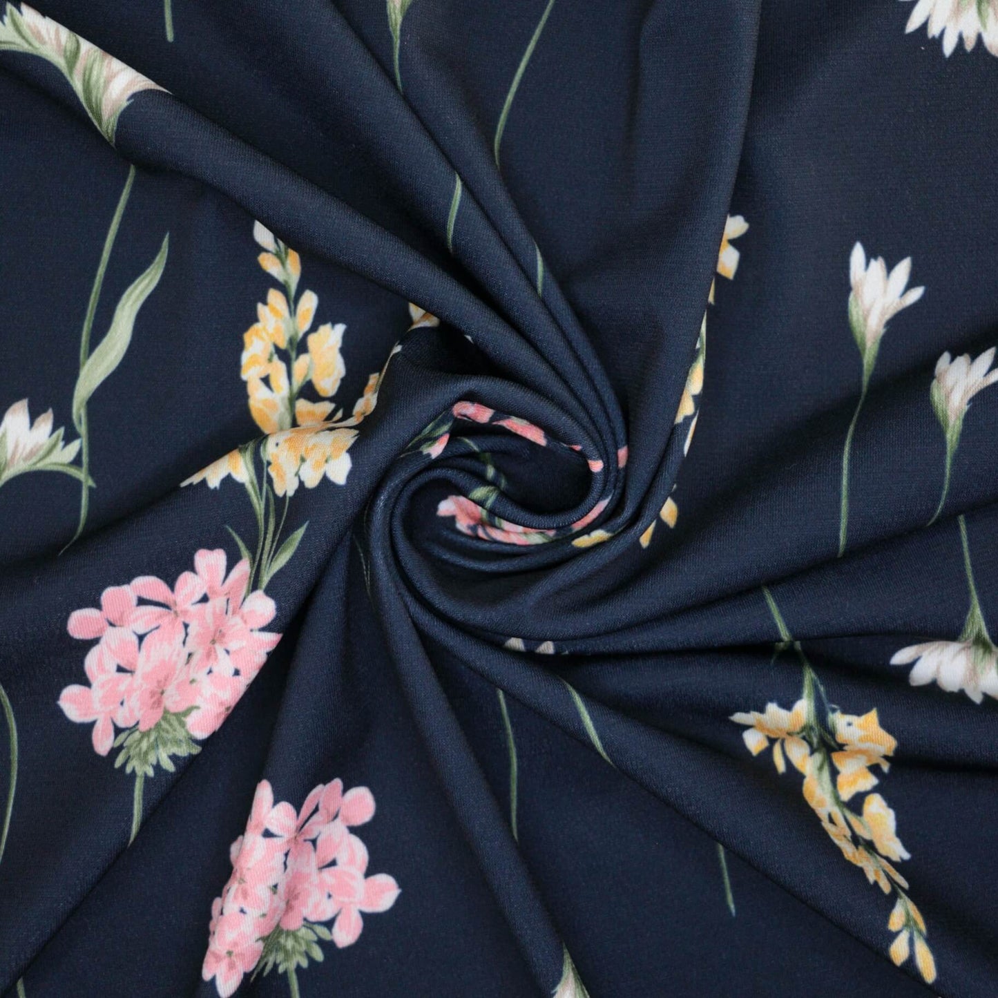Navy blue fabric with floral pattern