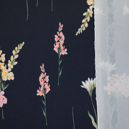 Floral pattern on fabric with pink and yellow flowers on a dark background