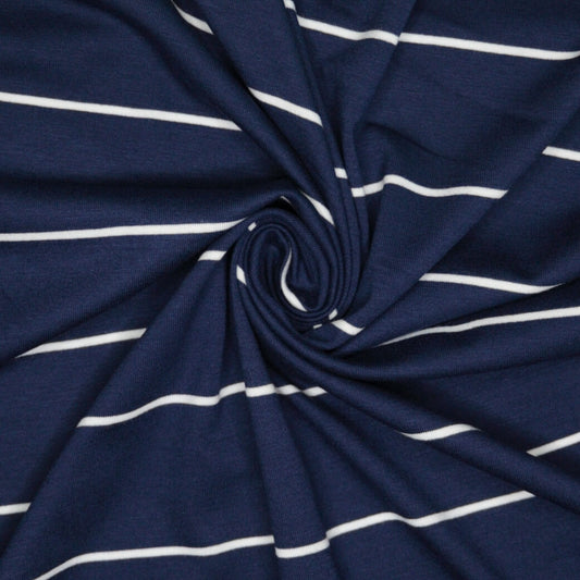 Navy blue fabric with white stripes, twisted up