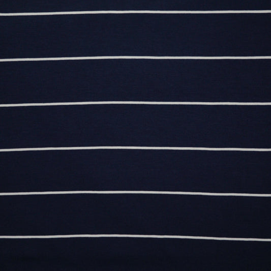 Close-up of navy blue fabric with thin white stripes
