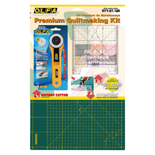 OLFA premium quilting kit packaging with rotary cutter, ruler, and cutting mat on a white background