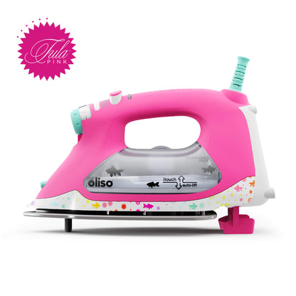 Pink Oliso iron with colorful design on a white background