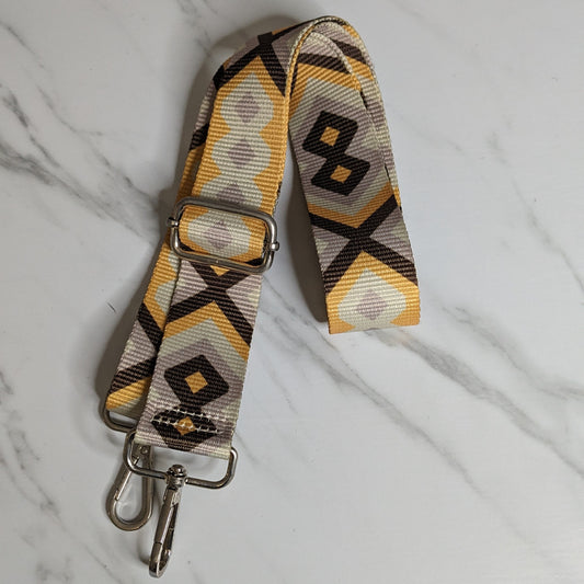 Coffee/Yellow Vintage Geometric Bag Strap With Silver Clip