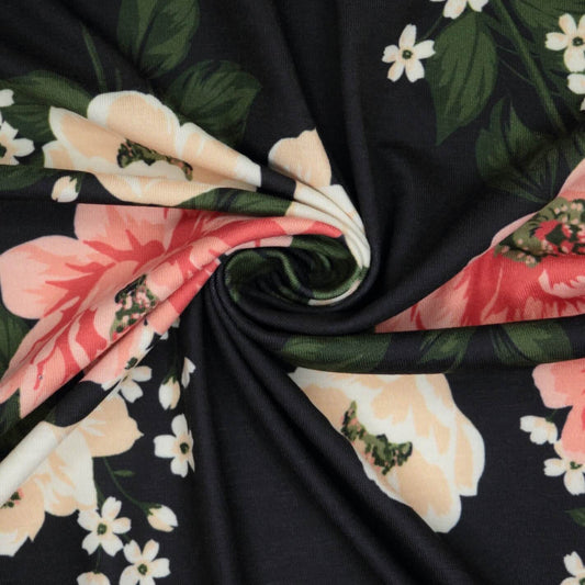 Peach Flower Black Jersey 1m