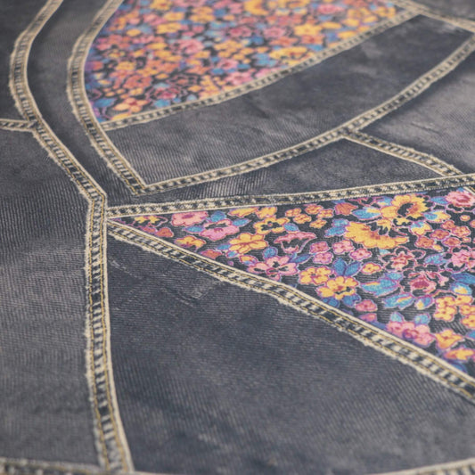 Pink Floral Grey Denim-Look Jersey per/metre