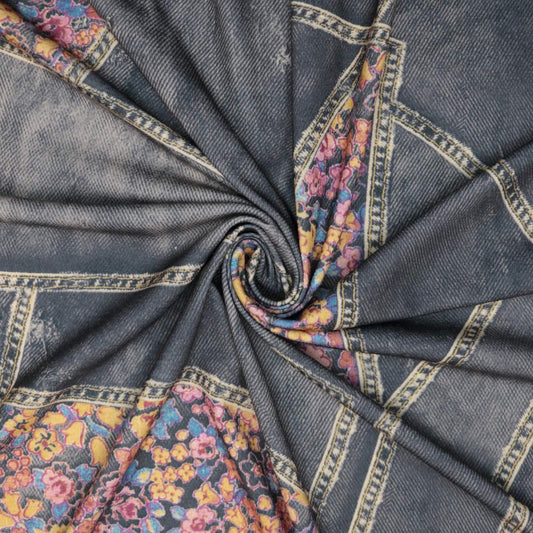 Pink Floral Grey Denim-Look Jersey per/metre