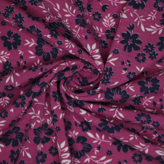 Plum & Navy Floral Jersey per/metre