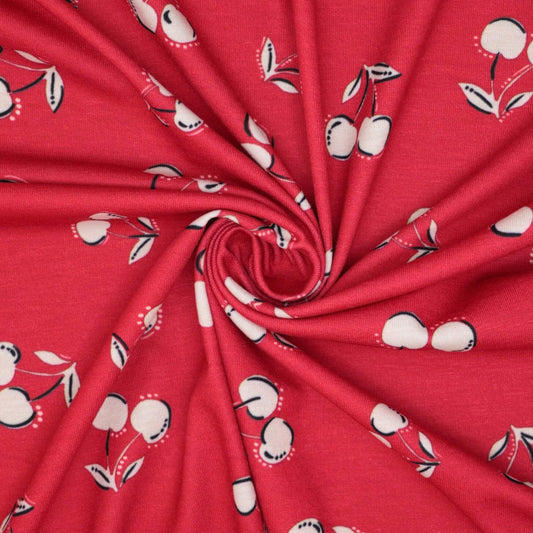 Red Cherry Print Jersey per/metre