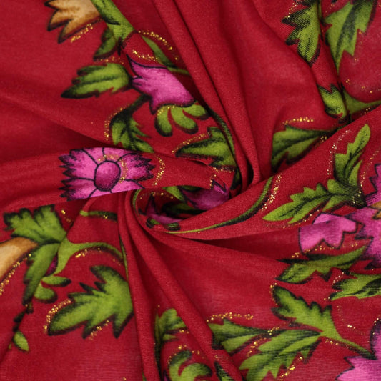 Red Floral Glitter Border Print ITY 1m