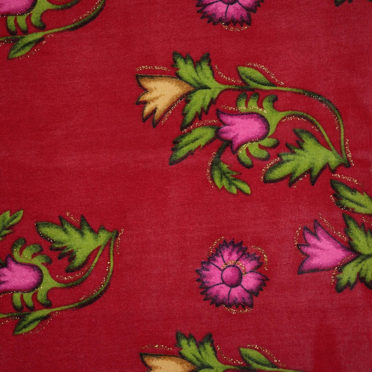 Red Floral Glitter Border Print ITY 1m