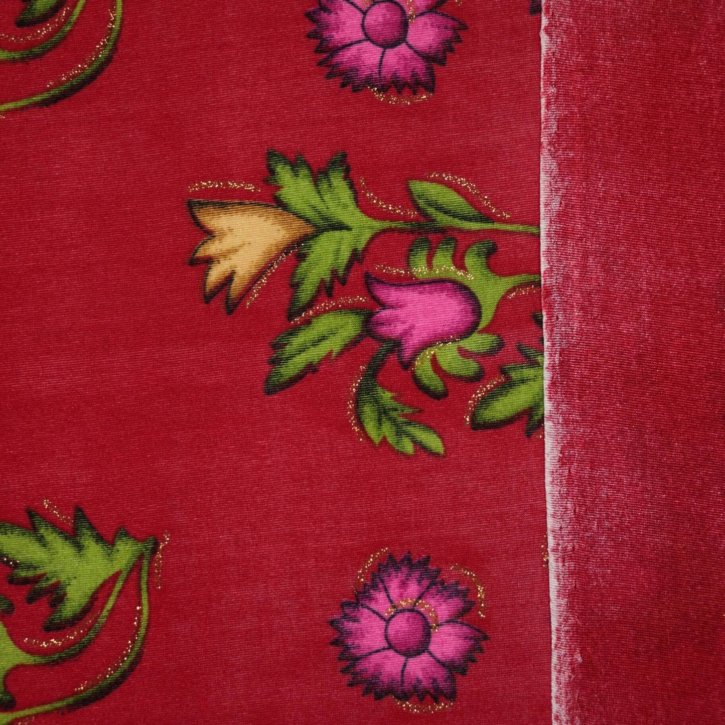 Red Floral Glitter Border Print ITY 1m