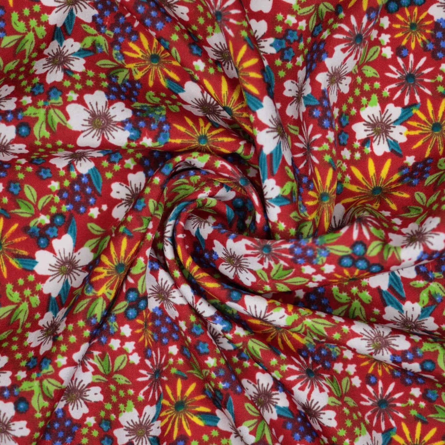 Colorful floral fabric with a red background