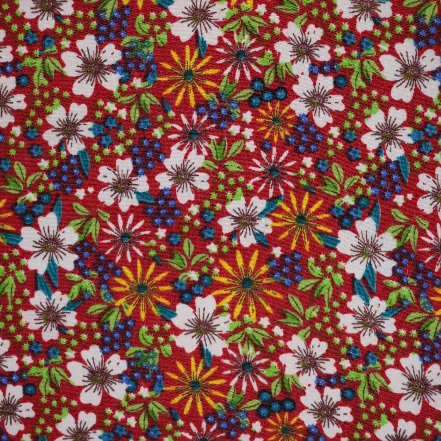 Colorful floral pattern on a red background