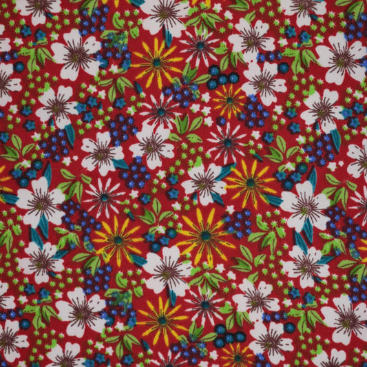 Colorful floral pattern on a red background