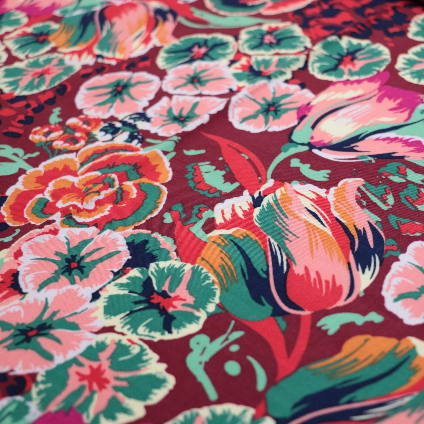 Red Retro Floral 100% Viscose per/metre