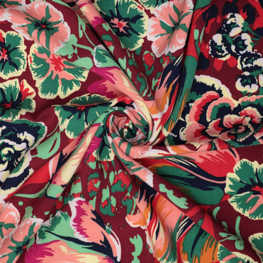 Red Retro Floral 100% Viscose per/metre