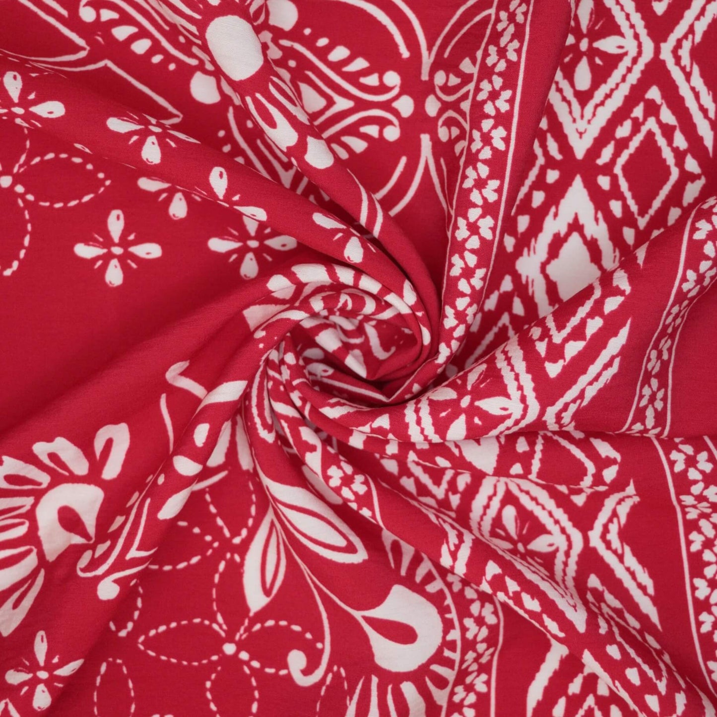 Red & White Boho Border Print Tumbled 100% Cotton Poplin per/metre