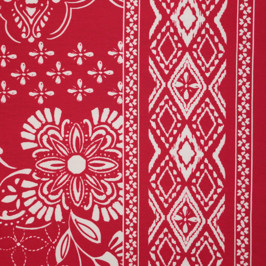 Red & White Boho Border Print Tumbled 100% Cotton Poplin per/metre