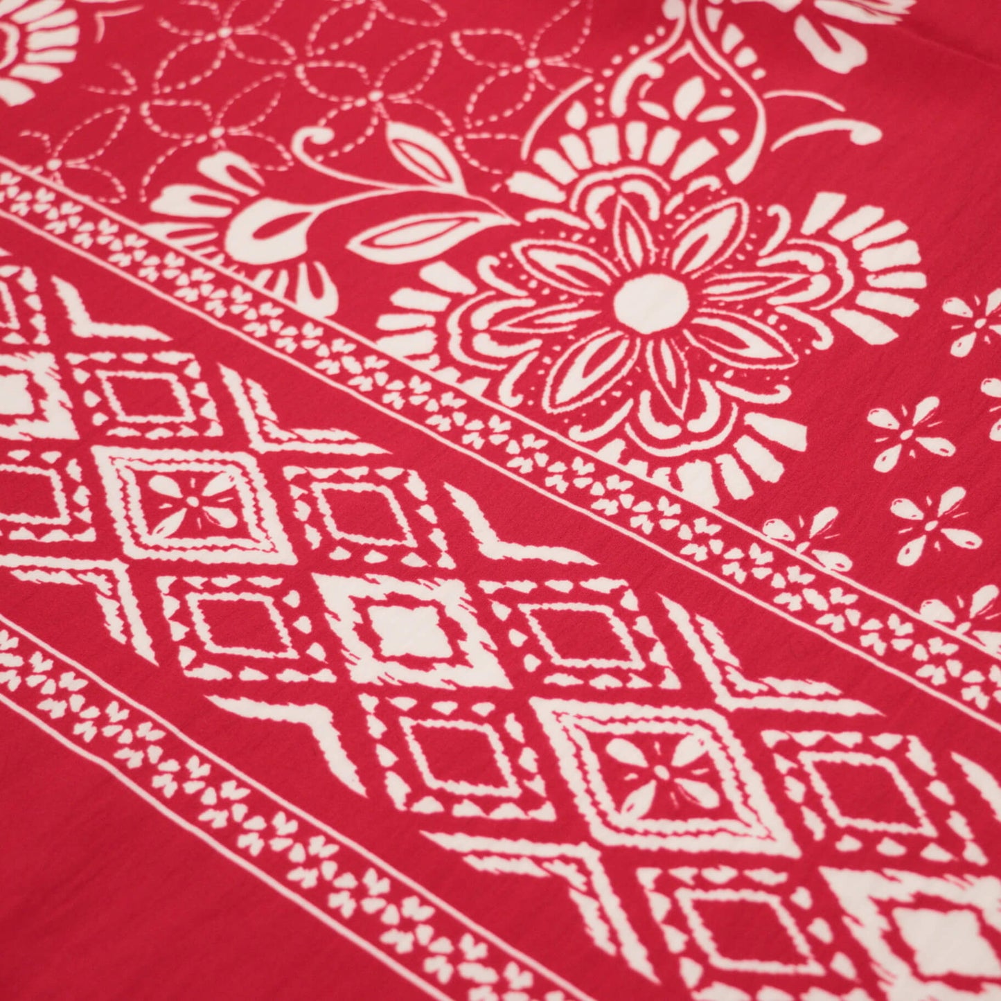 Red & White Boho Border Print Tumbled 100% Cotton Poplin per/metre