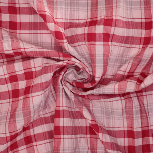 Red & White Checkered Plaid Crinkled Cotton per/metre
