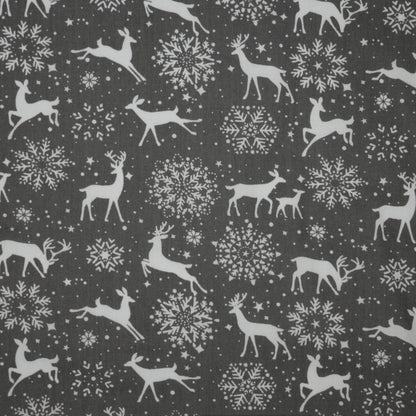 Snowflakes & Reindeers Grey Polycotton 1m