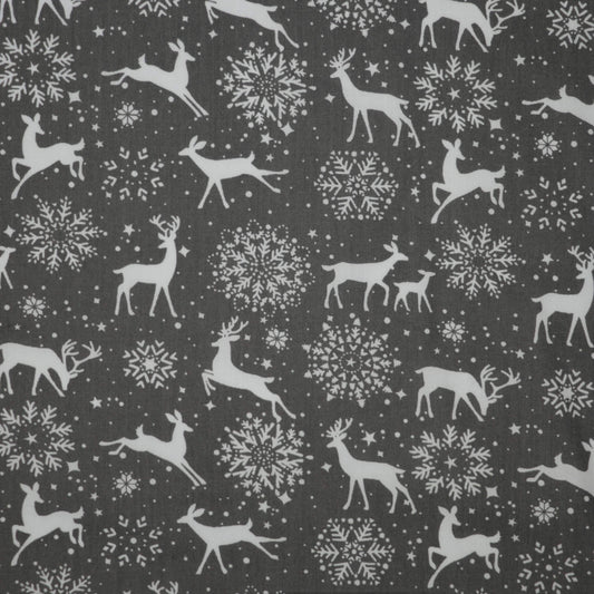 Snowflakes & Reindeers Grey Polycotton 1m