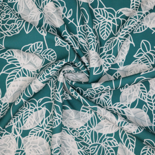 Teal Leafy Print Poly Poplin per/metre