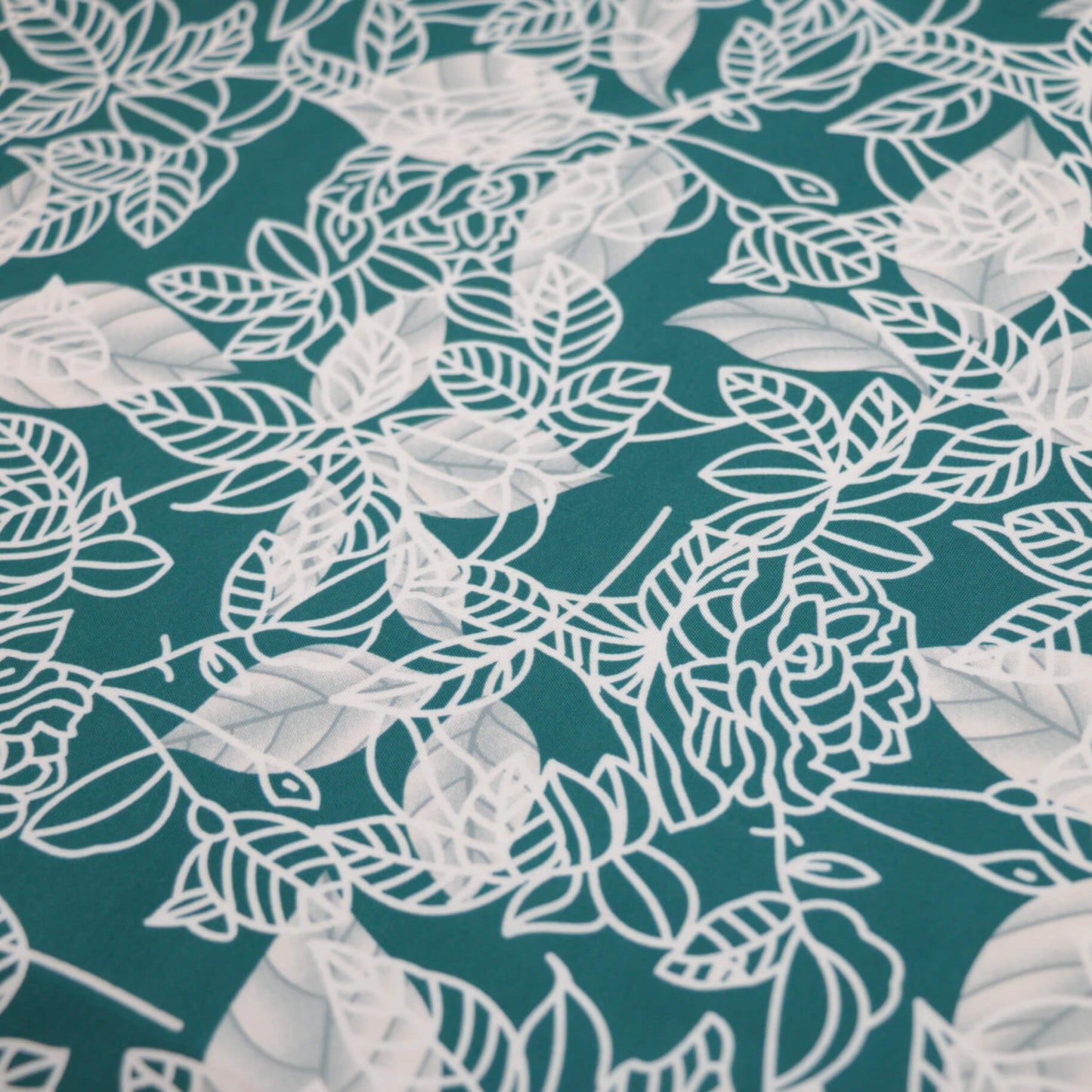 Teal Leafy Print Poly Poplin per/metre