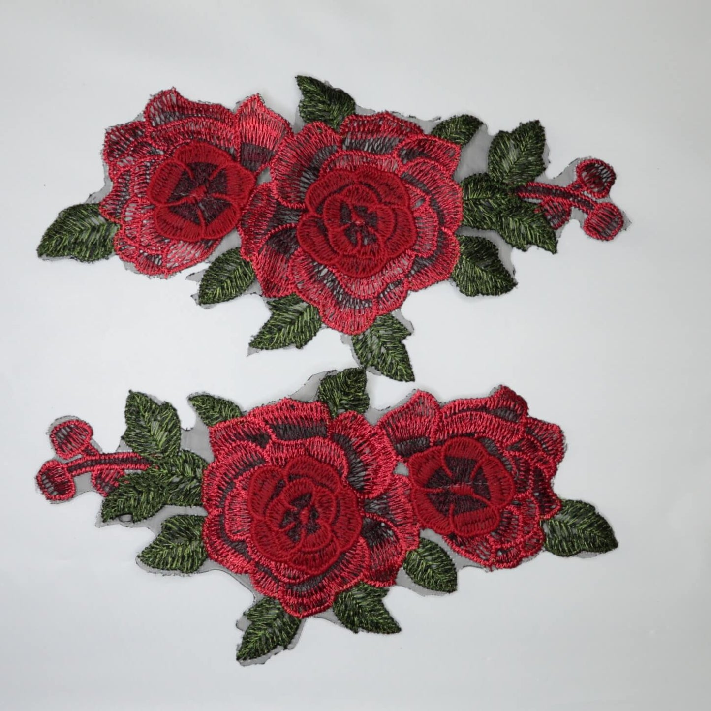 Vibrant Red Embroidered 3D Rose Flower Lace Appliques 2pk