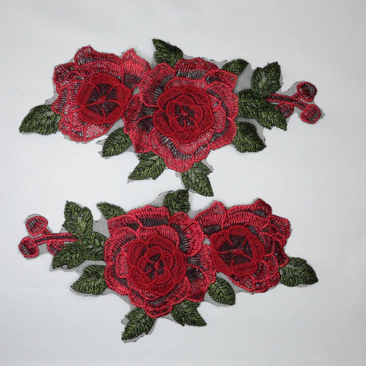 Vibrant Red Embroidered 3D Rose Flower Lace Appliques 2pk