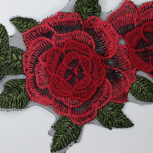 Vibrant Red Embroidered 3D Rose Flower Lace Appliques 2pk